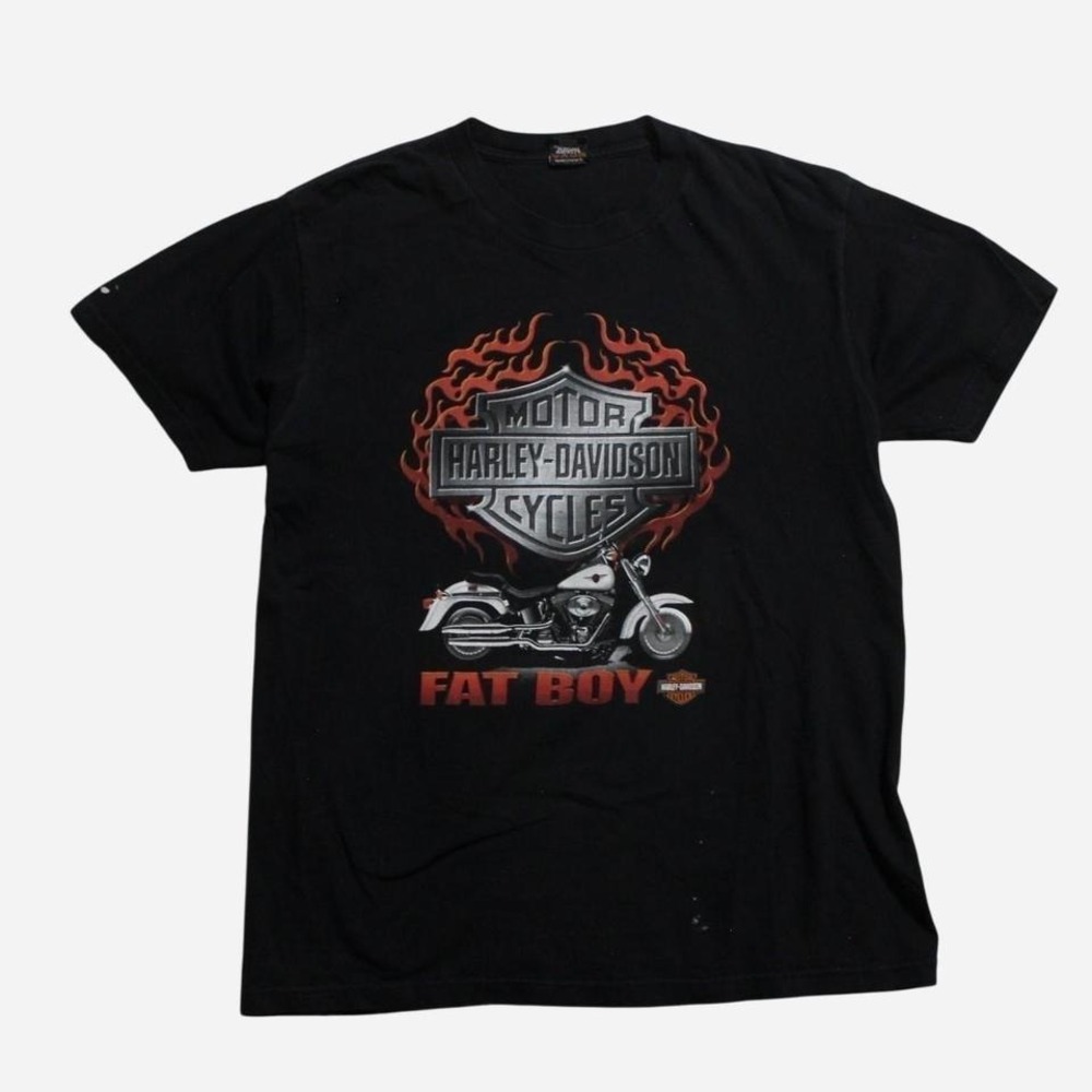 Mens Vintage Y2K Harley Davidson Fat Boy Chicago Black T-shirt